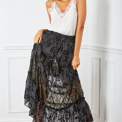 Black, vaporous and pleated skirt with polka dot print, with bells-adorned cord