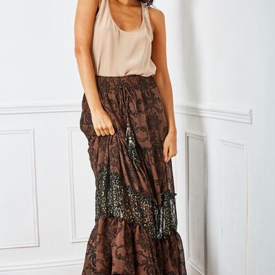 Brown, vaporous and pleated printed skirt with bells-adorned cord