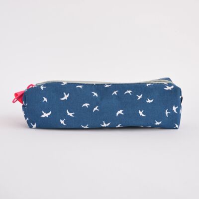 Estuche para lápices - Azul con estampado de pájaros grises