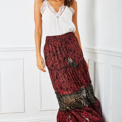 Vaporous red pleated skirt with gothic print, with bells-adorned cord