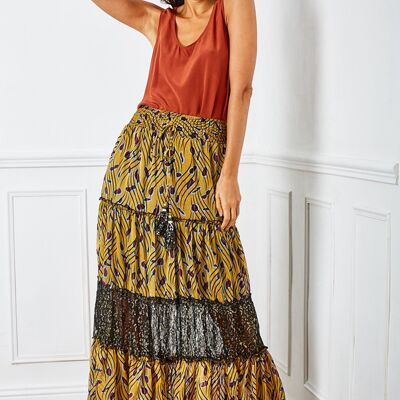 Mustard yellow skirt, airy and pleated with print and cord adorned with bells