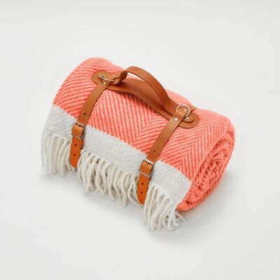 Coral Herringbone Wool Picnic Blanket