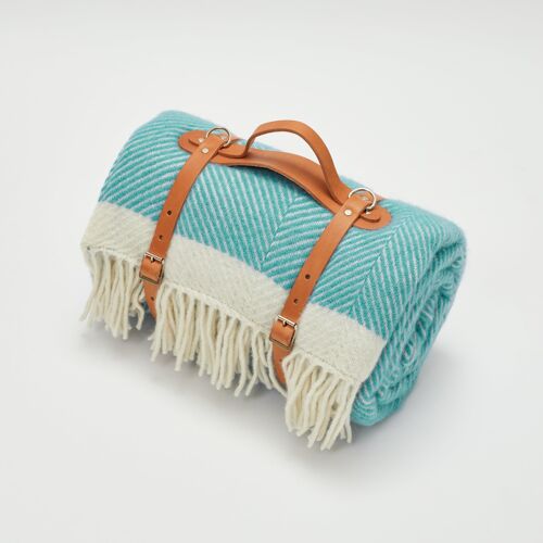 Turquoise Herringbone Wool Picnic Blanket
