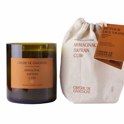 Bougie parfumée Armagnac-Safran-Cuir 2 mèches -300 gr - cul de bouteille