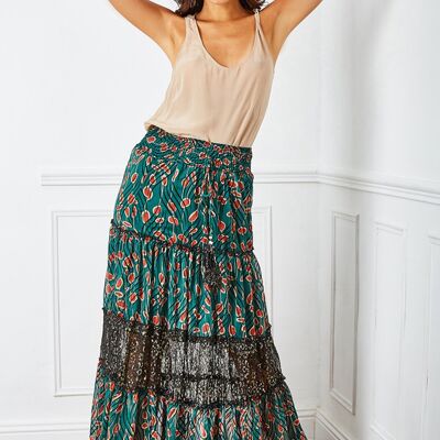 Pine green, airy and pleated printed skirt with bells-adorned cord
