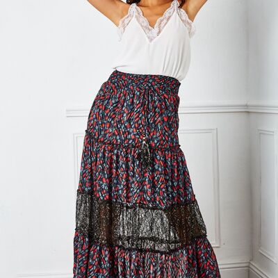 Blue, vaporous and pleated printed skirt with bells-adorned cord