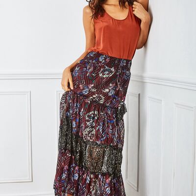 Burgundy, vaporous and pleated skirt with floral print and cord adorned with bells