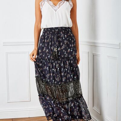 Navy blue skirt, airy and pleated in floral print, with cord adorned with bells