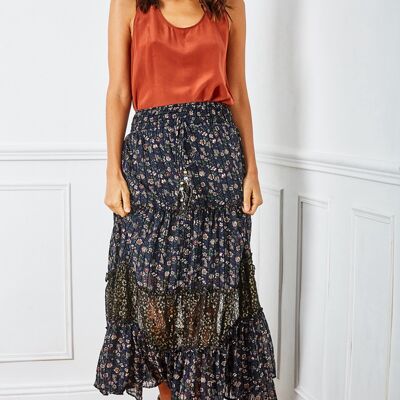 Dark blue skirt, vaporous and pleated in floral print, with cord decorated with bells