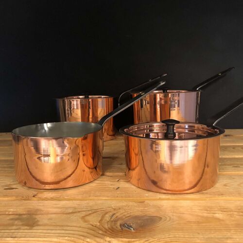 Copper Pan Set : Milk Pan and 6, 7, 8 Inch Spun Saucepans with Lids