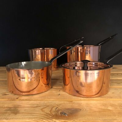 Copper Pan Set : Milk Pan and 6, 7, 8 Inch Spun Saucepans with Lids