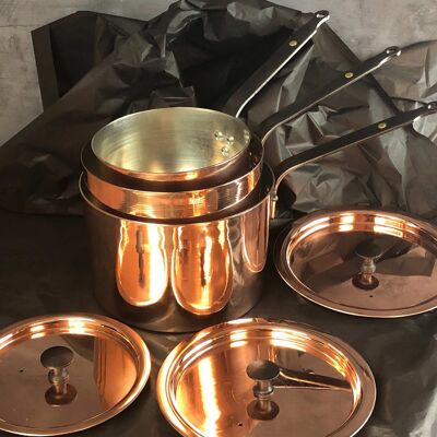 Kupferpfannenset: 6, 7 und 8 Zoll Kochtopfset aus Kupfer mit Deckel.