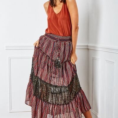 Red, airy and pleated skirt with blue stripe print, with bells-trimmed cord