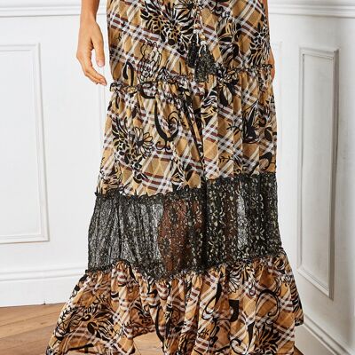 Mustard, vaporous and pleated plaid-print skirt with bells-trimmed cord