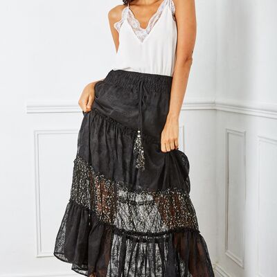 Black, vaporous and pleated skirt with floral print, with bells-adorned cord