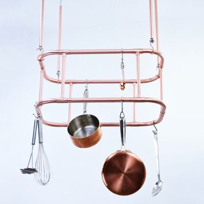 Two Tier Curved Copper Hanging Pot and Pan Rack - Natural Copper