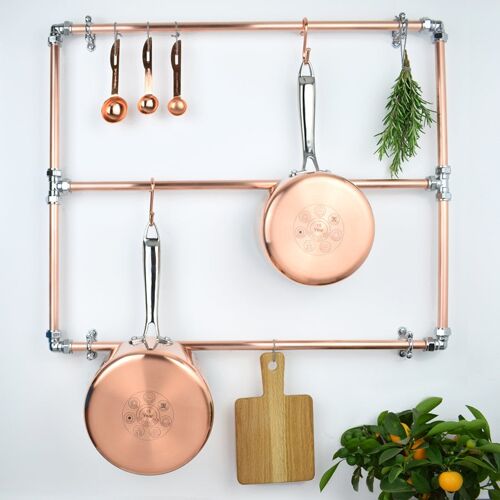 Copper and Chrome Pot and Pan Rack - Wall Mounted - Natural Copper