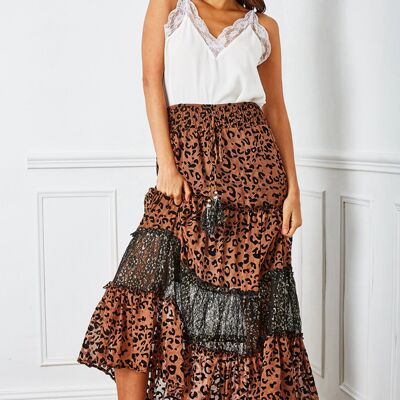 Falda marrón, vaporosa y plisada con estampado de leopardo y cordón con campanillas
