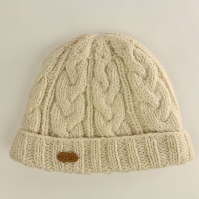 PK1528 Aran Cable Turnup Hat Blanc