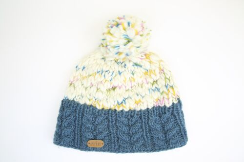 PK1932 Uneven Wool Bobble Hat with Cable Band Denim Blue