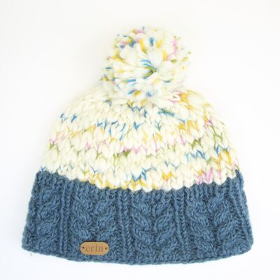 PK1932 Uneven Wool Bobble Hat with Cable Band Denim Blue