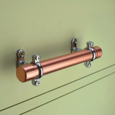Copper Handle with Chrome Brackets (Thick-bodied) - 128mm Hole Centres - Natural Copper