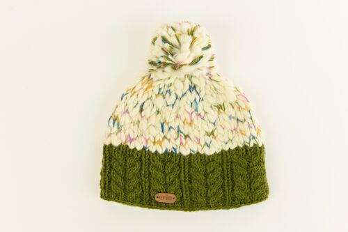 PK1932 Uneven Wool Bobble Hat with Cable Band Green