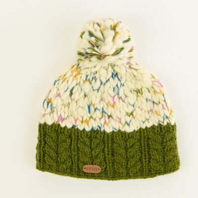 PK1932 Uneven Wool Bobble Hat with Cable Band Green