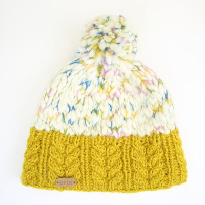 PK1932 Uneven Wool Bobble Hat with Cable Band Yellow