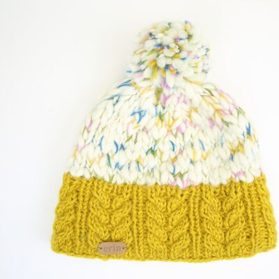 PK1932 Uneven Wool Bobble Hat with Cable Band Yellow