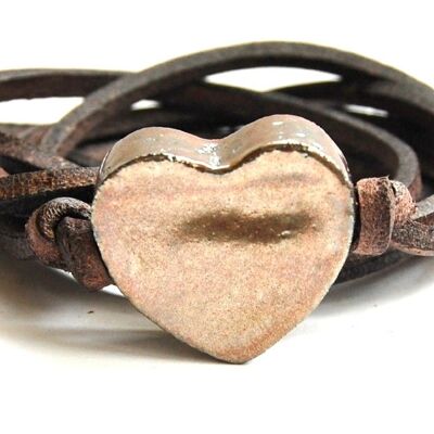 Bracelet cuir avec coeur en céramique doré foncé