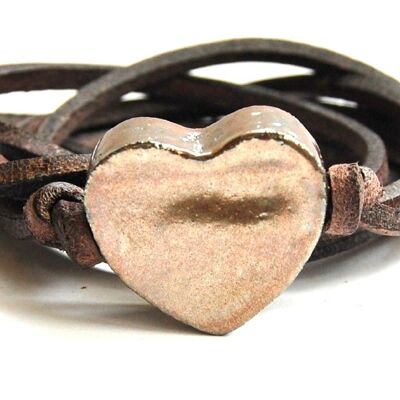 Bracelet leather with dark gold ceramic heart