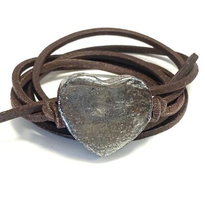 Bracelet cuir avec coeur en céramique lilas