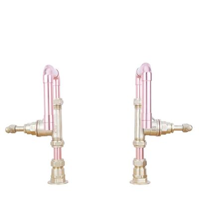 Mini Caspian Twin Copper Taps - Satin - Bathroom - Tap Spout Projection: 150mm / Pipe Inlet Centres: 200mm