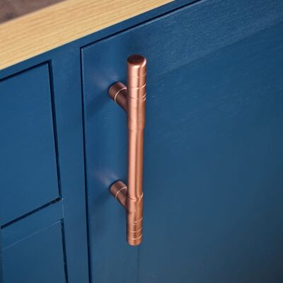 Copper Handle - Ridged - T-shaped - 128mm Hole Centres - Natural Copper