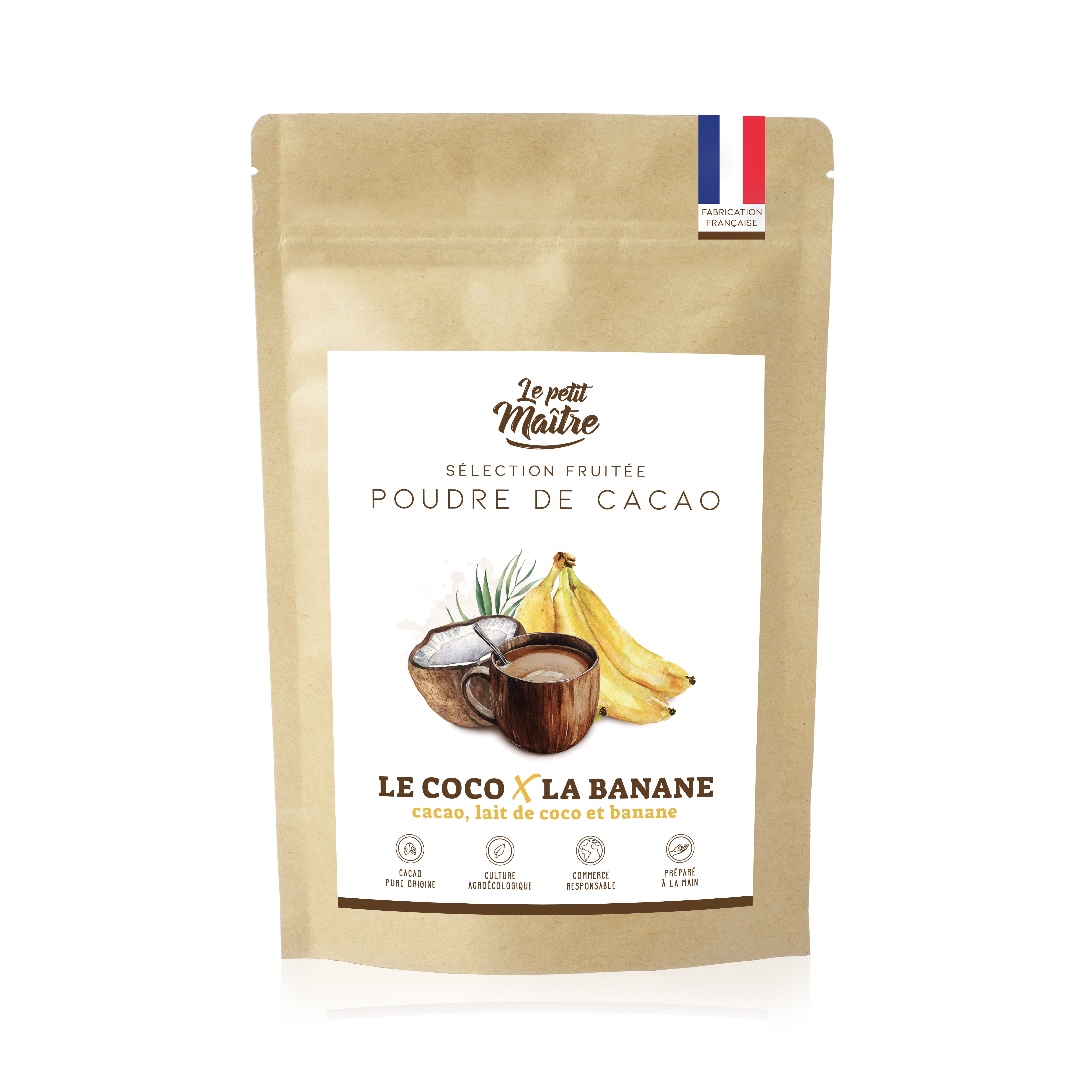 Cacao in polvere per cioccolata calda con banana e cocco