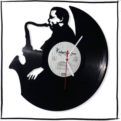Wall clock made of vinyl record clock with jazz motif upcycling