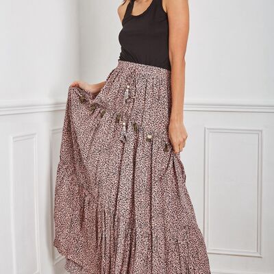 Long pink leopard print skirt, airy tightening with cord adorned with bells.