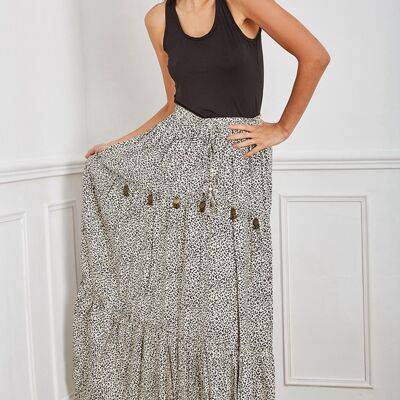 Long beige leopard-print skirt, airy tightening with drawstring decorated with bells.