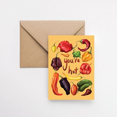 Eres una tarjeta de felicitación A6 con el tema de chile picante picante