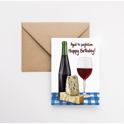 Envejecido a la perfección: tarjeta de felicitación A6 con temática de queso y vino