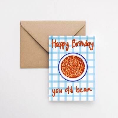 Feliz cumpleaños, viejo frijol - tarjeta de felicitación A6 con tema de frijol horneado