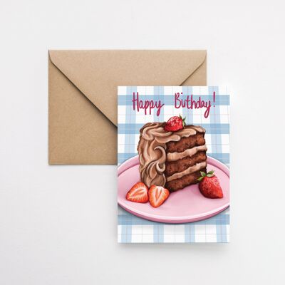 Schokoladenkuchen mit Erdbeeren A6-Grußkarte