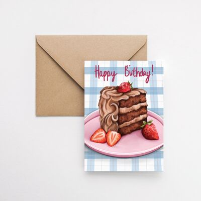 Schokoladenkuchen mit Erdbeeren A6-Grußkarte
