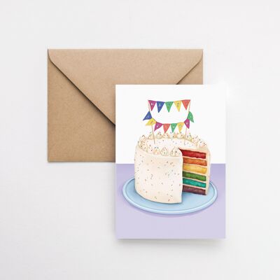 Pastel de cumpleaños arcoíris A6 tarjeta de felicitación