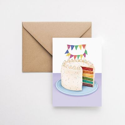 Regenbogen-Geburtstagstorte A6-Grußkarte