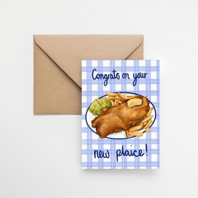 Nueva tarjeta de felicitación casera A6 con juego de palabras de pescado y papas fritas