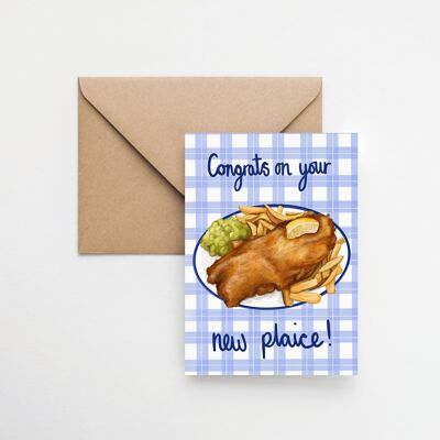 Nueva tarjeta de felicitación casera A6 con juego de palabras de pescado y papas fritas