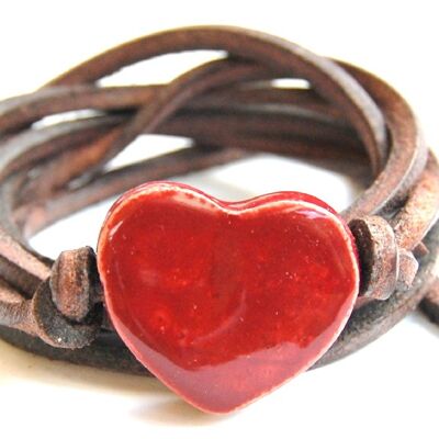 Bracelet cuir avec coeur en céramique bordeaux