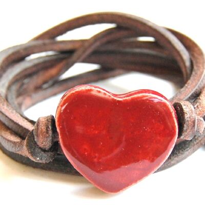 Bracelet leather with bordeaux ceramic heart
